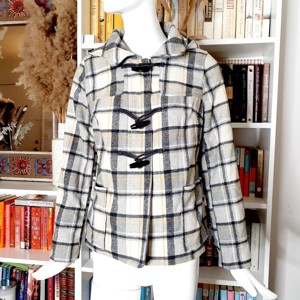 OLD NAVY plaid pea COAT jacket hoodie hood toggle fasteners zip up Z63
